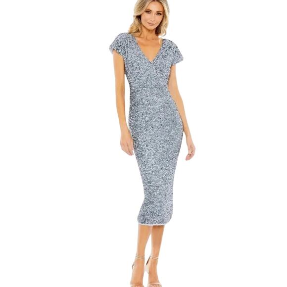 Mac Duggal 10766 Sequined Short Sleeve Wrap Dress size 16 New with Tag MSRP $298 - Picture 1 of 10